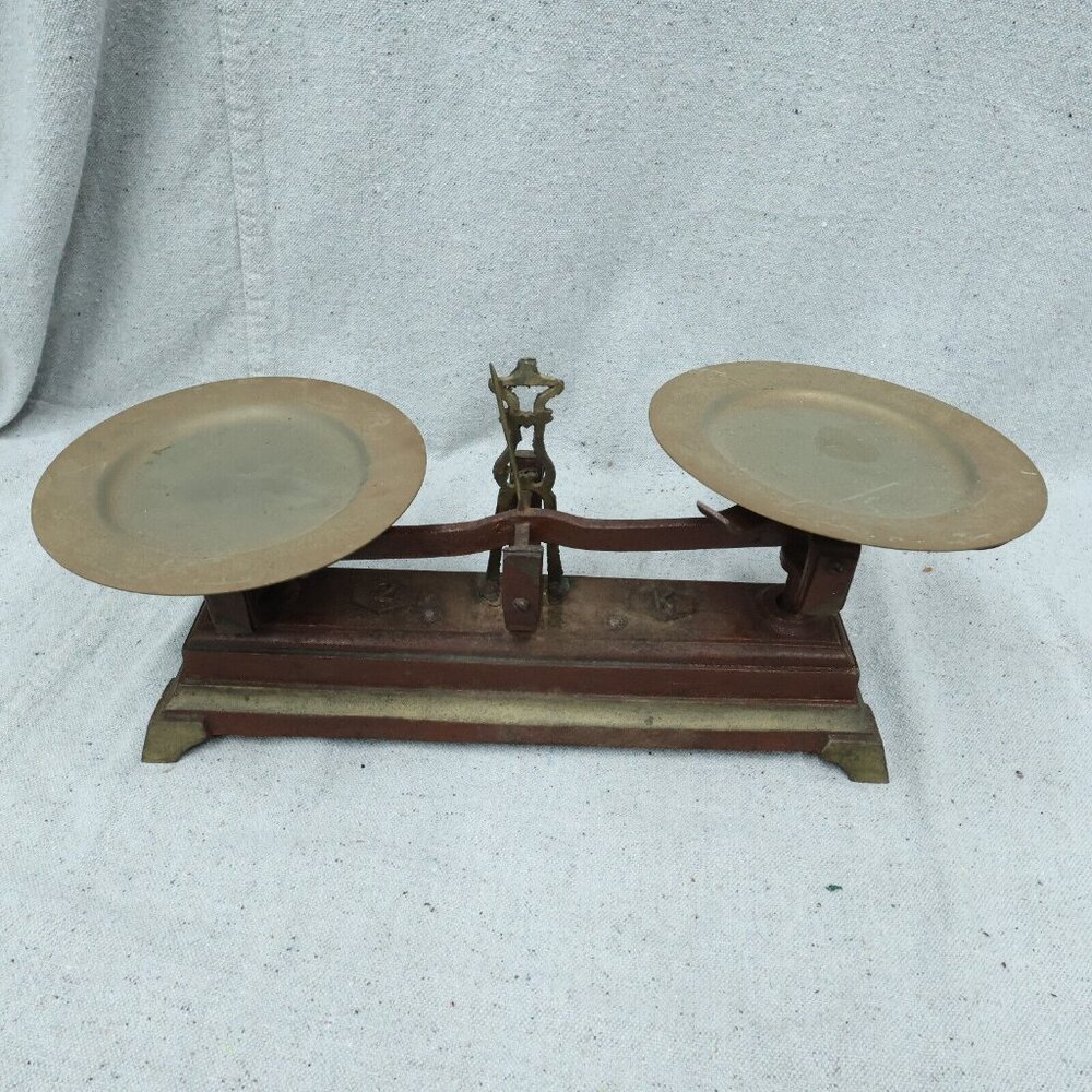 Balance Beam Scale Cast Iron Base Brass Plates Decoration Unbranded